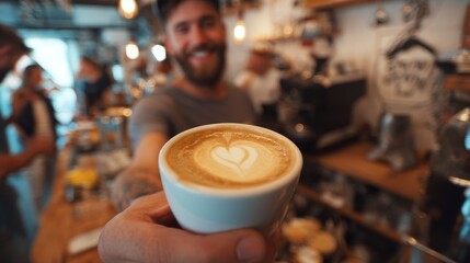 First-Person View of Handing Cappuccino in Cozy Cafe Setting