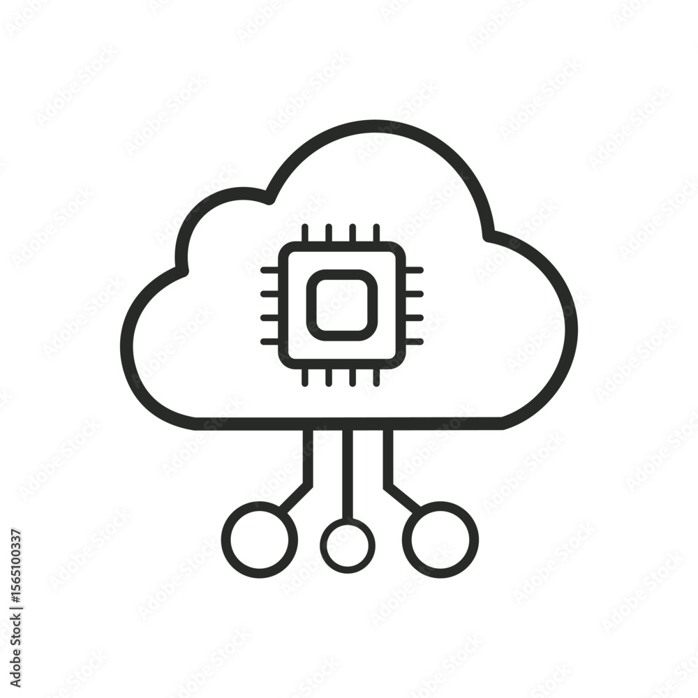 Fototapete cloud with microprocessor outline icon with white background – ai cloud-based computing architecture