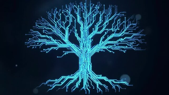 Abstract animation of a circuit board tree with glowing blue lines and a dark background