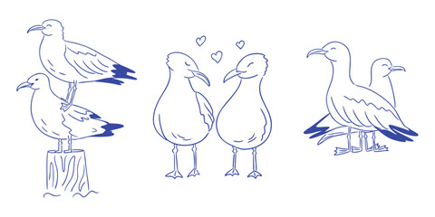 Hand drawn set of funny seagull doodles in different cute poses isolated on white background. This vector represents playful seaside vibes and humorous bird characters.