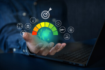 The business man hold to seek step icon achieve goal and target