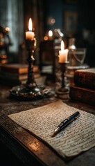 Fototapeta premium Elegant Journal Writing by Candlelight on Vintage Desk