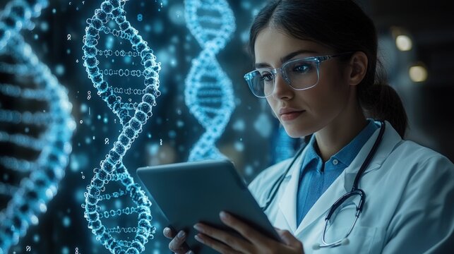 Focused female scientist examines digital tablet with DNA strands displayed behind - Powered by Adobe