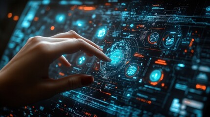 A hand interacts with a futuristic, interactive touchscreen display filled with complex data visualizations