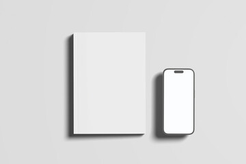 Smartphone mockup set with transparent screen  isolated on transparent background, detailed mobile phone mockups, White realistic blank of A4 and A5 cover book.