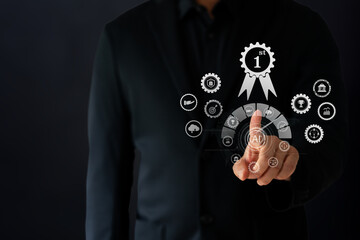 Business man work to seek ribbon reward in success business floating on screen.