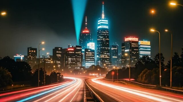 Stunning 4k Night Cityscape Highrise Buildings Illuminated Skyscrapers City Lights Traffic Highway Speed Light Trails Modern Metropolis Urban Landscape Download Full H D Quality