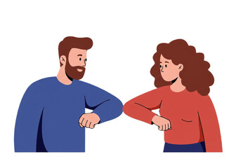 Illustration of a man and woman doing an elbow bump as a greeting on a white background