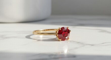 Round Cut Ruby Gold Ring on Marble - Elegant round cut ruby gemstone ring in gold setting, rests on marble. Symbolizing love, luxury, passion, commitment, and preciousness