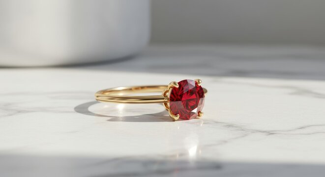 Round Cut Ruby Gold Ring on Marble - Elegant round cut ruby gemstone ring in gold setting, rests on marble. Symbolizing love, luxury, passion, commitment, and preciousness