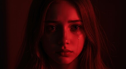 Moody portrait young woman red lighting shadow