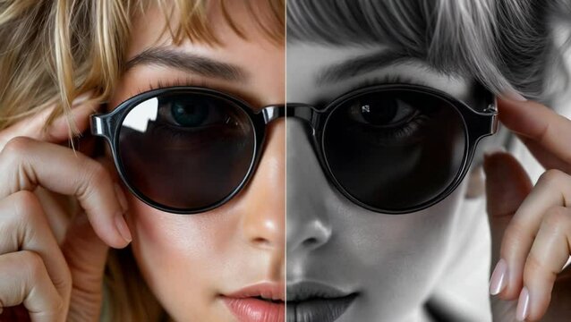 Mujer poniendose unos lentes (color ,blanco y negro)