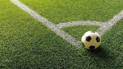 Soccer ball resting near green artificial turf corner markings, gleaming under bright sunlight, embodying pre match anticipation