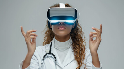 Female Doctor Using VR Glasses in Clinical Setting for Patient Care Innovations