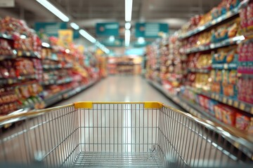 Fototapeta premium First-Person View of Shopping Cart in Bright Supermarket Aisle