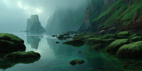 Majestic rocky cliffs rise above calm waters in a misty coastal landscape at dawn