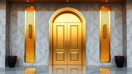 Minimalistische goldene Doppeltür mit geometrischen Elementen, eingerahmt von marmorierten Wänden und dezentem Licht. Moderner Luxus pur.