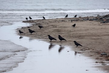 A flock of black birds standing on a sandy beach near the waters edge under an overcast sky