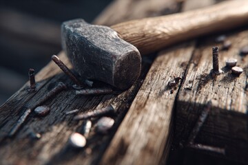 Photorealistic Close-Up of Hammer and Nails on Wooden Frame