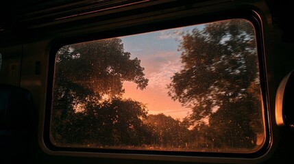 Naklejka premium Sunset View from Train Window with Passing Tree Silhouettes