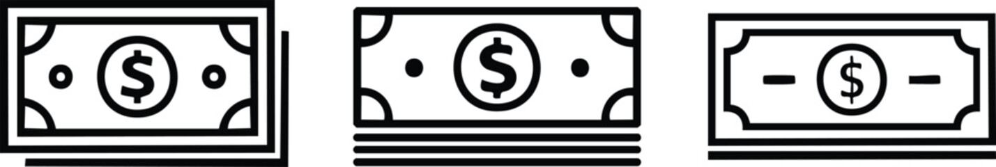 Vector Illustration of Three Stylized Money Stacks in Black and White Featuring Dollar Signs, Clean Lines, and Minimalist Graphic Details for Financial or Business Themes


