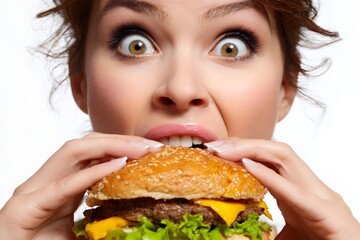 Woman excitedly preparing to eat a large cheeseburger, with a bright background enhancing the scene