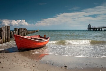 A red boat sits on a sandy beach beside wooden posts the sea stretches to a pier and tower under a partly cloudy sky