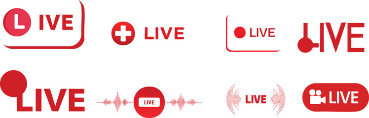 Vector Set of Eight Modern Red LIVE Icons Featuring Circles, Brackets, Video Symbols, and Minimalist Graphics on a White Background

