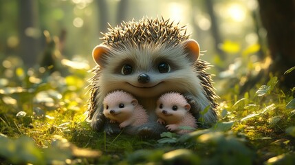Cute hedgehog with two babies in a forest setting