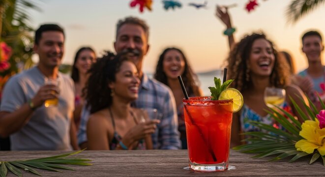 Tropical Sunset Celebration - A refreshing red cocktail sits in the foreground, with a group of happy friends enjoying a beach party in the background at sunset