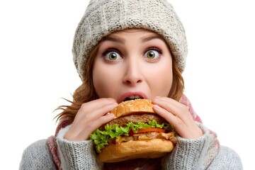 Young woman surprised while holding a large burger, wearing a cozy sweater and knit hat, indoors