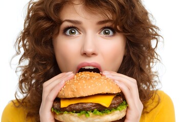 Young woman with curly hair excitedly preparing to eat a large cheeseburger against a plain background