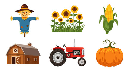 Fototapeta premium Illustration of a farm scene with a scarecrow sunflowers corn barn tractor and pumpkin patch icon