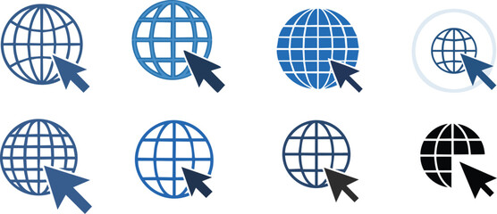 Vector Set of Stylized Globe Icons with Cursor Arrows in Blue Tones and Grid Structures – Minimalist Internet and Technology Symbol Collection

