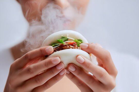 Close-up of a person holding a steaming bao bun filled with fresh ingredients against a soft background