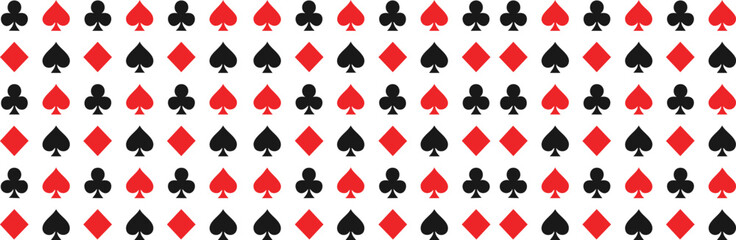 Vector Repeating Pattern of Card Suits Including Spades, Hearts, Clubs, and Diamonds in a Clean Grid Layout on White Background for Decorative and Game-Themed Designs

