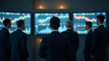 Businessmen analyzing financial charts on large digital screens in office