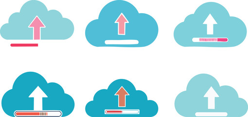 Vector Set of Upload Cloud Icons with Progress Bars and Upward Arrows in Light Blue, Pink, and Orange on a White Background for Cloud Computing and Data Transfer Concepts

