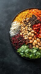 spicy thai food selection forming a semicircle on black background, steam and spice elements included, with empty space for text, rich in color and clarity