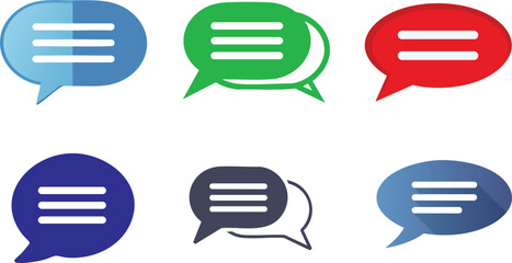 Vector Set of Colorful Speech Bubble Icons with Text Lines Arranged in a Clean Grid Layout Featuring Glossy Finishes and Drop Shadows for UI and Communication Designs


