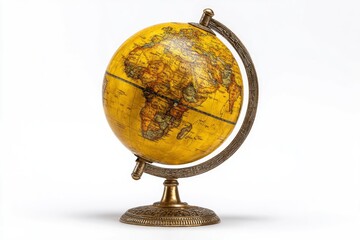 A yellow globe on an ornate gold stand is set against a white backdrop