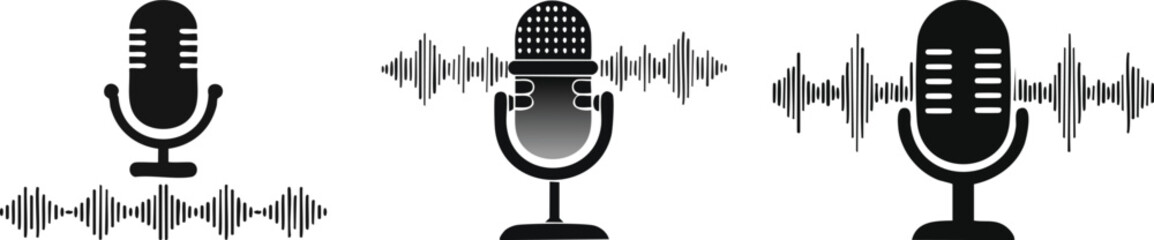 Vector Set of Stylized Retro Microphone Icons Arranged Horizontally with Sound Waves on White Background in a Clean and Minimalist Graphic Design Style

