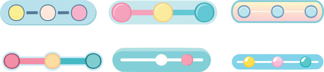 Vector UI Progress Bar Set with Rounded Rectangles and Colorful Circular Nodes in a Minimalist Pastel Style for Web and App Interfaces

