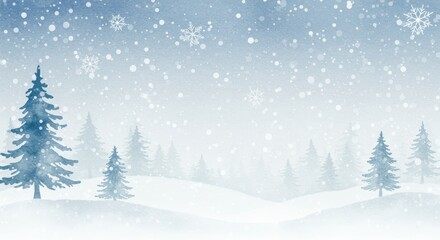 Fototapeta premium Winter Wonderland Snowy Landscape - Serene winter scene with snow falling over a snowy landscape and pine trees. Perfect for winter holidays