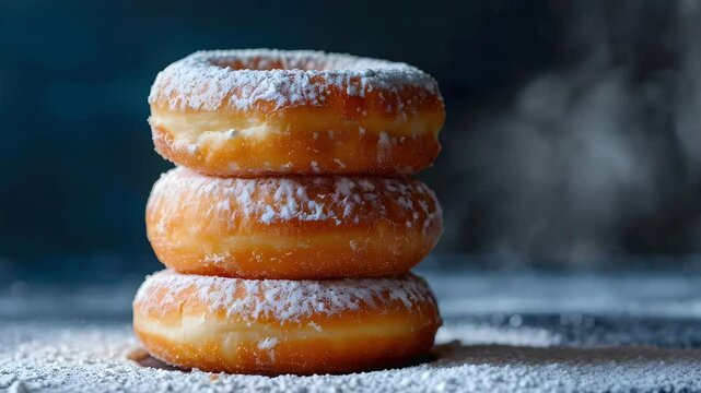 Powdered sugar falling on stack of three glazed donuts creating sweet dessert scene with soft lighting bakery food and tempting glazed donut stack