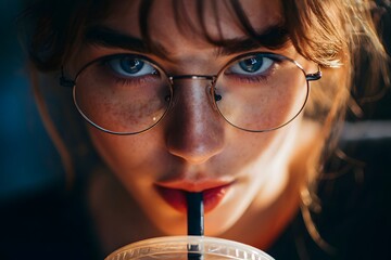 Young woman with glasses sipping a cold beverage, illuminated by soft lighting in a cozy caf?