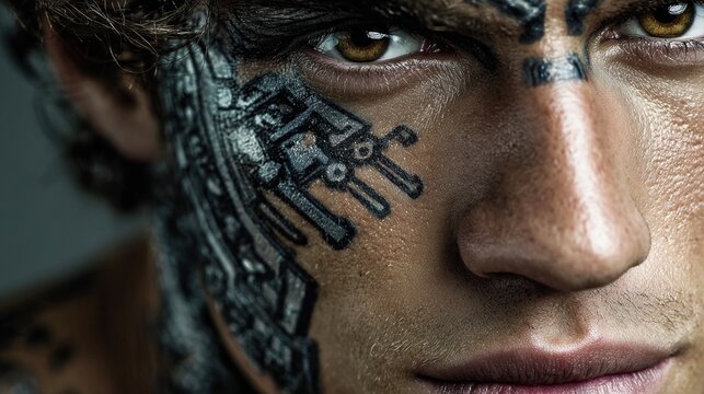 A close-up of the face and eyes, with black tattoo designs on the cheek that look like an ancient robot or spacecraft from sci-fi movie.