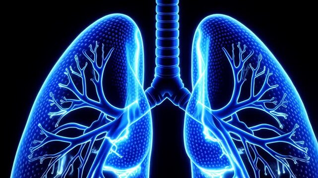 Digital blue illustration of human lungs for medical or educational use; isolated on black background