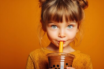 Young girl with bright eyes sipping a chocolate drink through a straw against a vibrant orange background