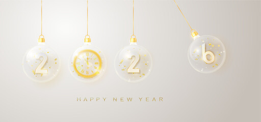 2026 gold metal number for New Year . Festive Christmas banner with falling confetti on bright background. Realistic Golden 3d number. Vector